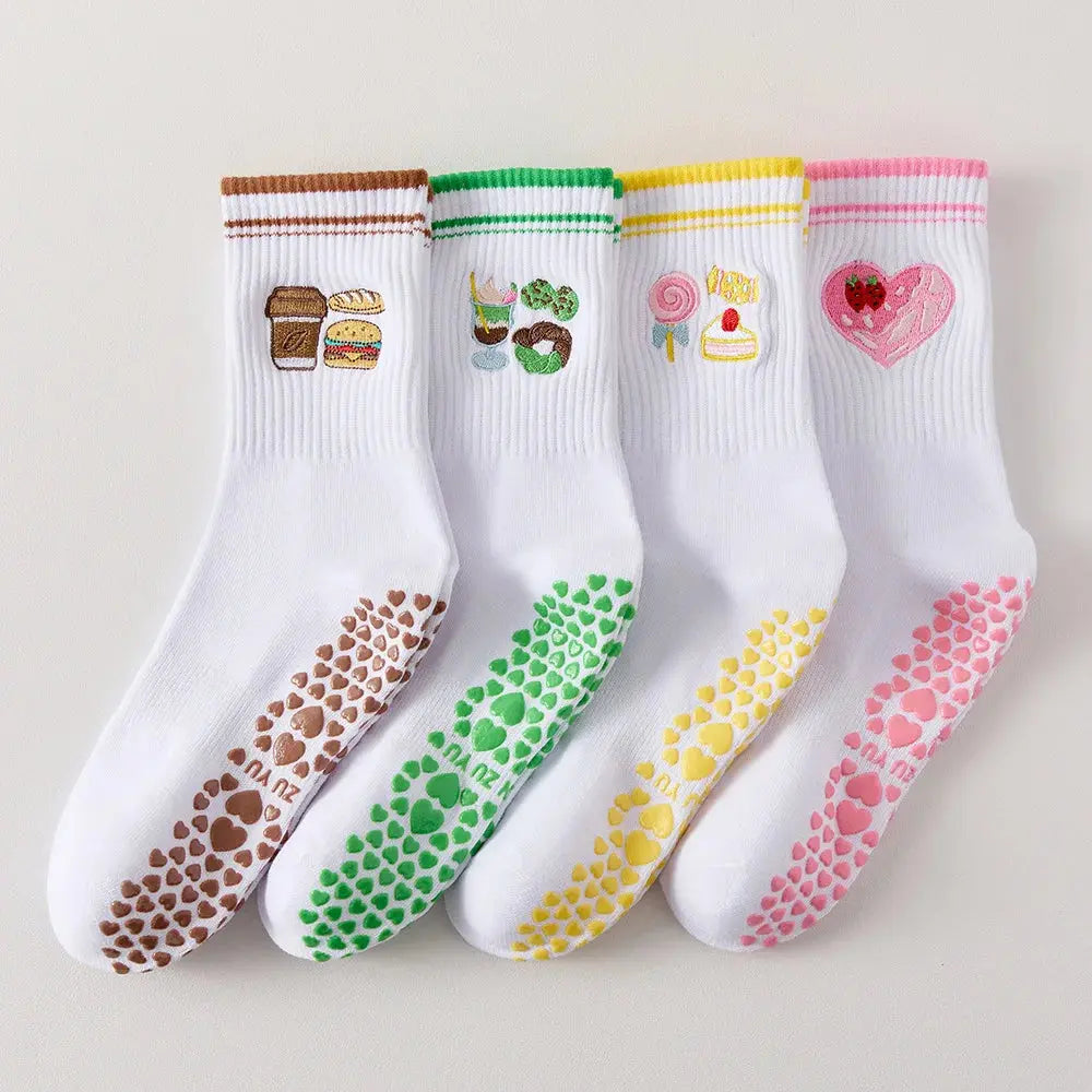 Chaussettes de Yoga mi-mollet antidérapantes à motifs brodés. Belle Amplitude