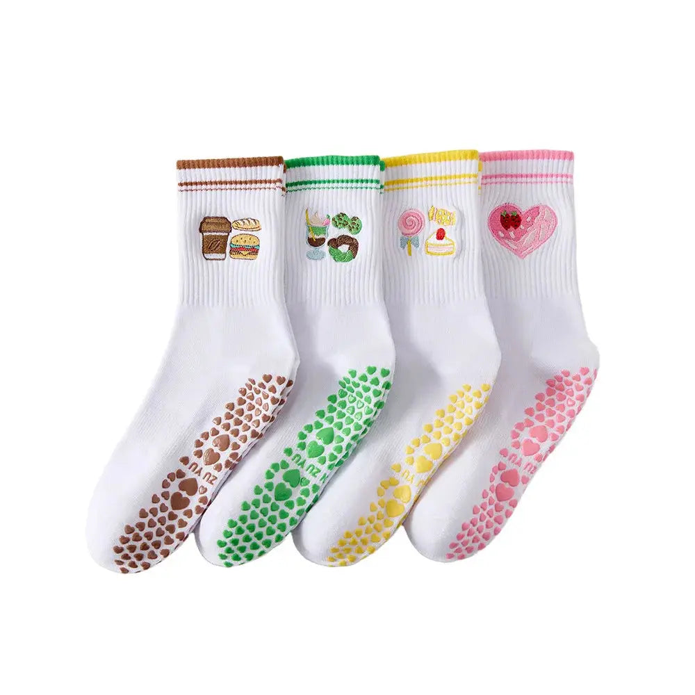 Chaussettes de Yoga mi-mollet antidérapantes à motifs brodés. Belle Amplitude