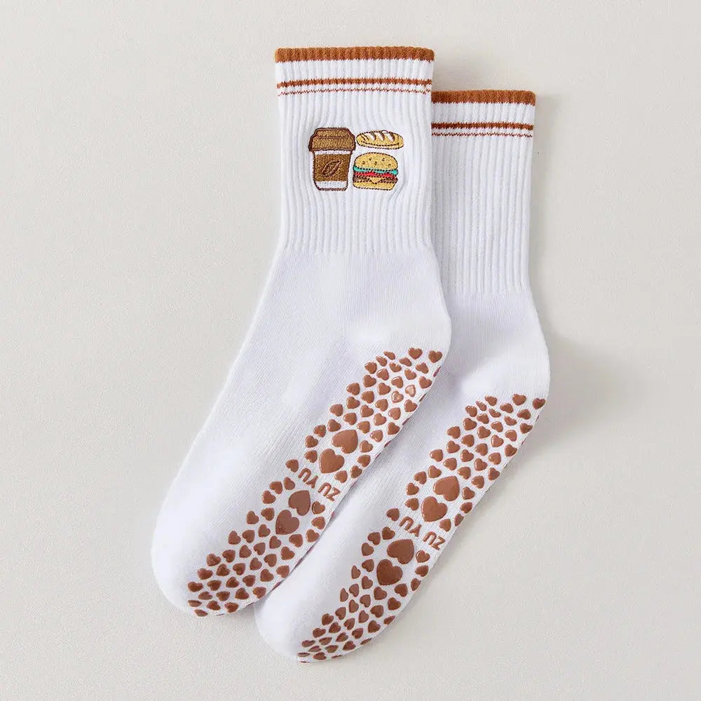 Chaussettes de Yoga mi-mollet antidérapantes à motifs brodés. Belle Amplitude
