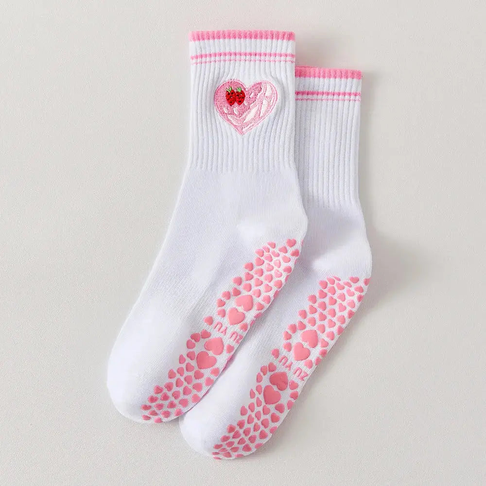 Chaussettes de Yoga mi-mollet antidérapantes à motifs brodés. Belle Amplitude