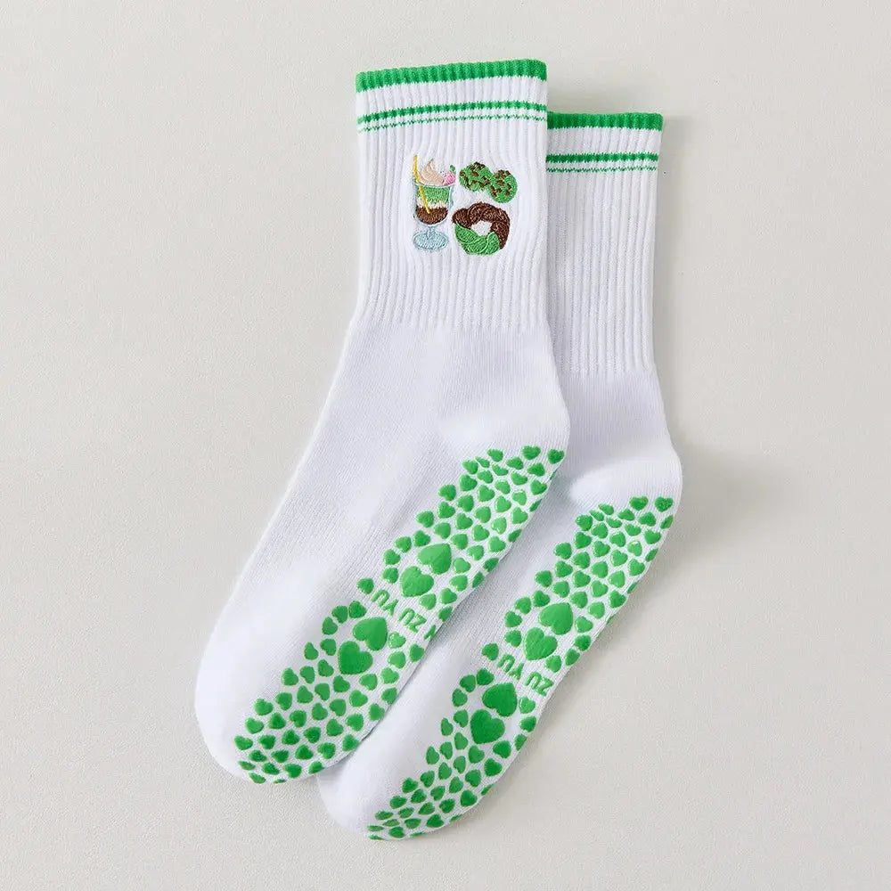 Chaussettes de Yoga mi-mollet antidérapantes à motifs brodés. Belle Amplitude